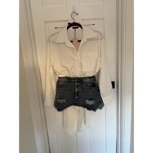 Oversized White Button Down Top with Denim Mini Skirt